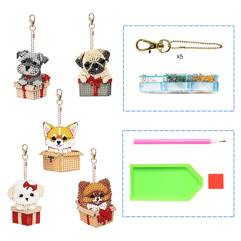 5Pcs Dogs in Gift Boxes Acrylic Double Side Keychain Diamond Painting