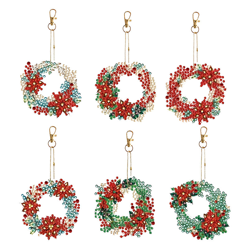 6Pcs Christmas Wreath Acrylic Double Side Keychain Diamond Painting