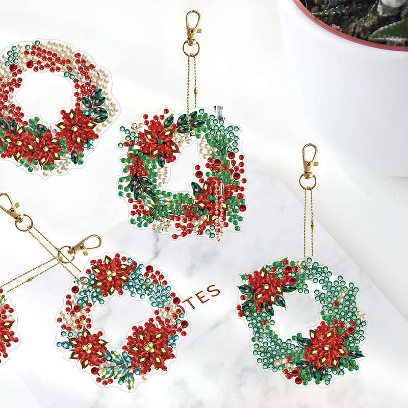 6Pcs Christmas Wreath Acrylic Double Side Keychain Diamond Painting