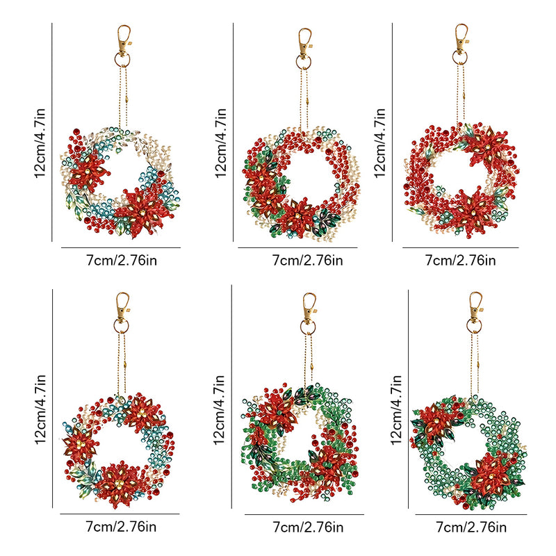 6Pcs Christmas Wreath Acrylic Double Side Keychain Diamond Painting