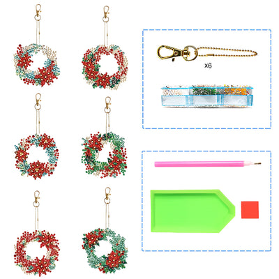 6Pcs Christmas Wreath Acrylic Double Side Keychain Diamond Painting