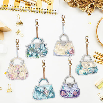 6Pcs Women's Bags Acrylic Double Side Keychain Diamond Painting