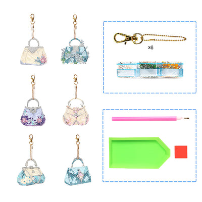 6Pcs Women's Bags Acrylic Double Side Keychain Diamond Painting