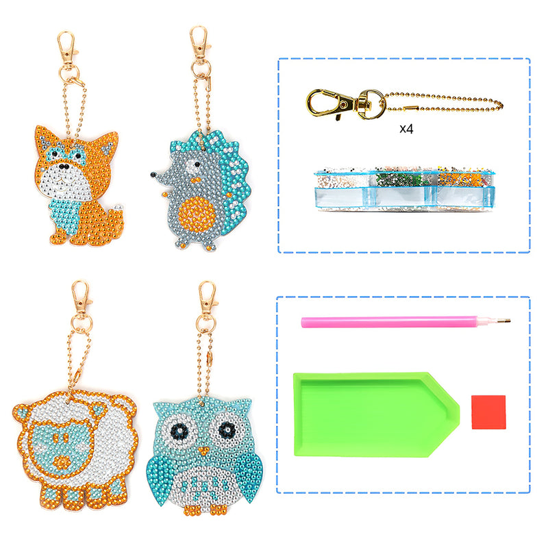 4Pcs Cute Baby Animals Acrylic Double Side Keychain Diamond Painting