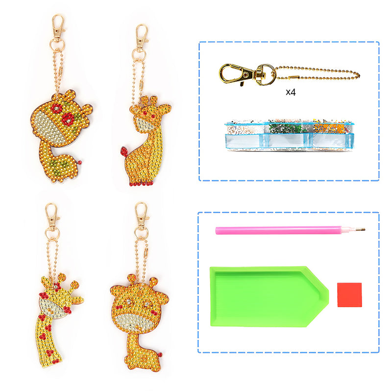 4Pcs Cute Baby Giraffe Acrylic Double Side Keychain Diamond Painting