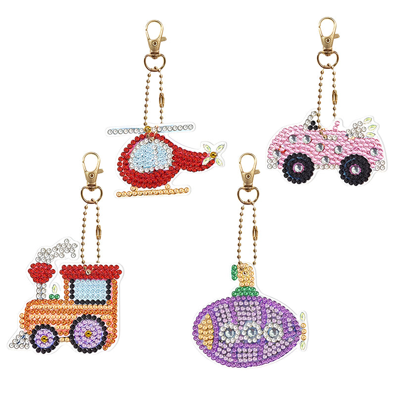 4Pcs Traffic Vehicles Acrylic Double Side Keychain Diamond Painting