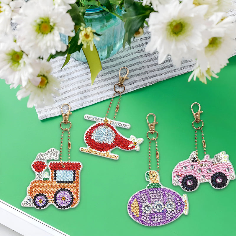 4Pcs Traffic Vehicles Acrylic Double Side Keychain Diamond Painting