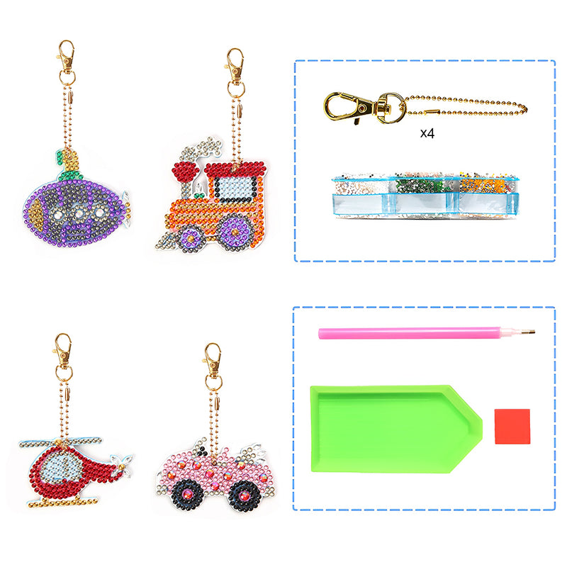 4Pcs Traffic Vehicles Acrylic Double Side Keychain Diamond Painting