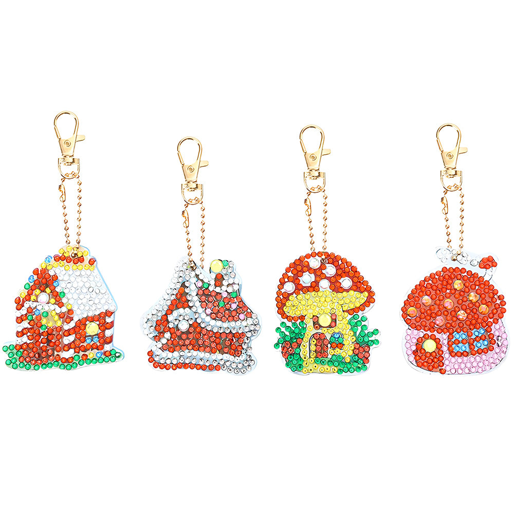 4Pcs Cute Mushroom Hut Acrylic Double Side Keychain Diamond Painting