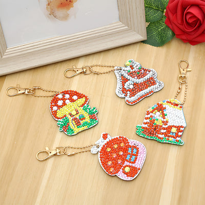 4Pcs Cute Mushroom Hut Acrylic Double Side Keychain Diamond Painting