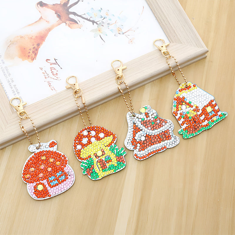 4Pcs Cute Mushroom Hut Acrylic Double Side Keychain Diamond Painting