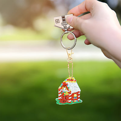 4Pcs Cute Mushroom Hut Acrylic Double Side Keychain Diamond Painting