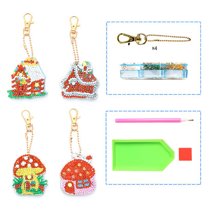 4Pcs Cute Mushroom Hut Acrylic Double Side Keychain Diamond Painting