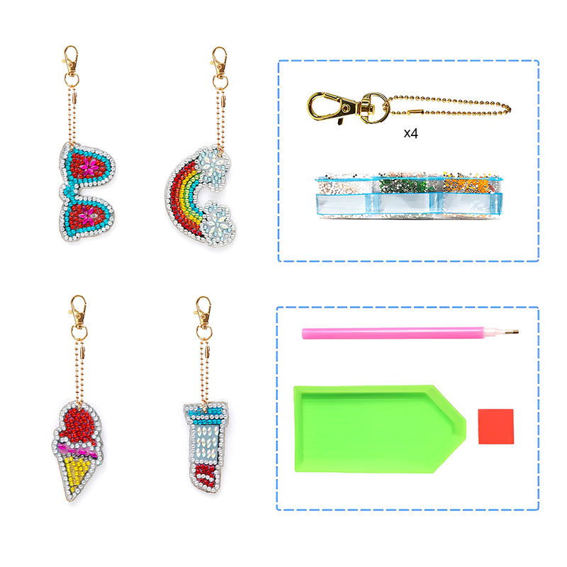 4Pcs Lipstick, Sunglasses and Rainbow Cone Acrylic Double Side Keychain Diamond Painting