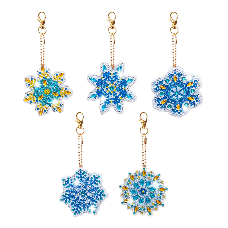 5Pcs Blue Snowflake Mandala Acrylic Double Side Keychain Diamond Painting