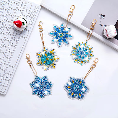 5Pcs Blue Snowflake Mandala Acrylic Double Side Keychain Diamond Painting