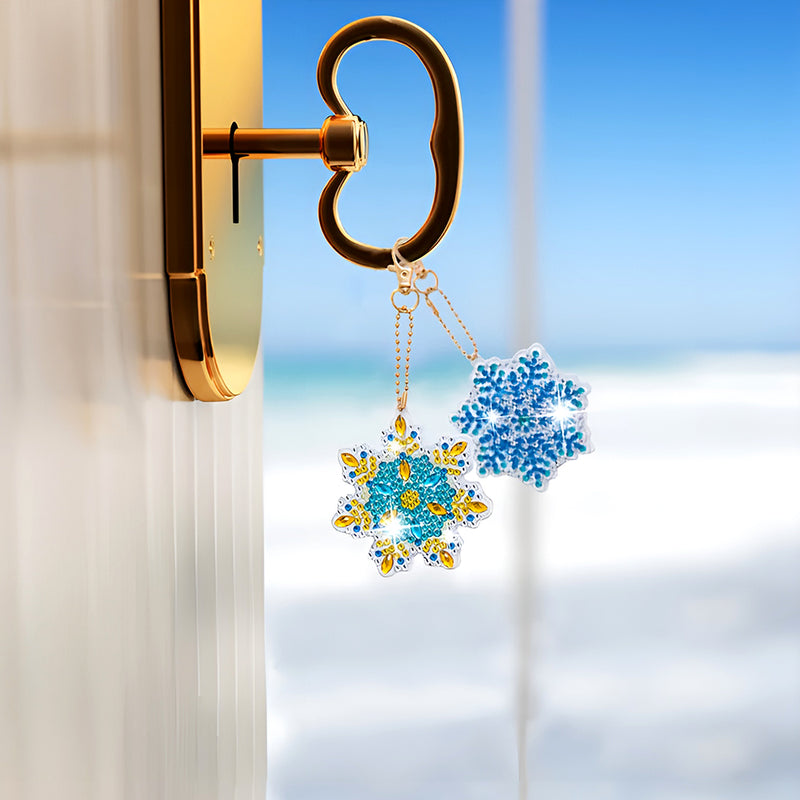 5Pcs Blue Snowflake Mandala Acrylic Double Side Keychain Diamond Painting