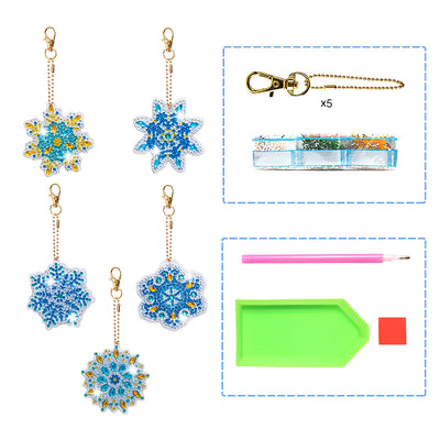 5Pcs Blue Snowflake Mandala Acrylic Double Side Keychain Diamond Painting