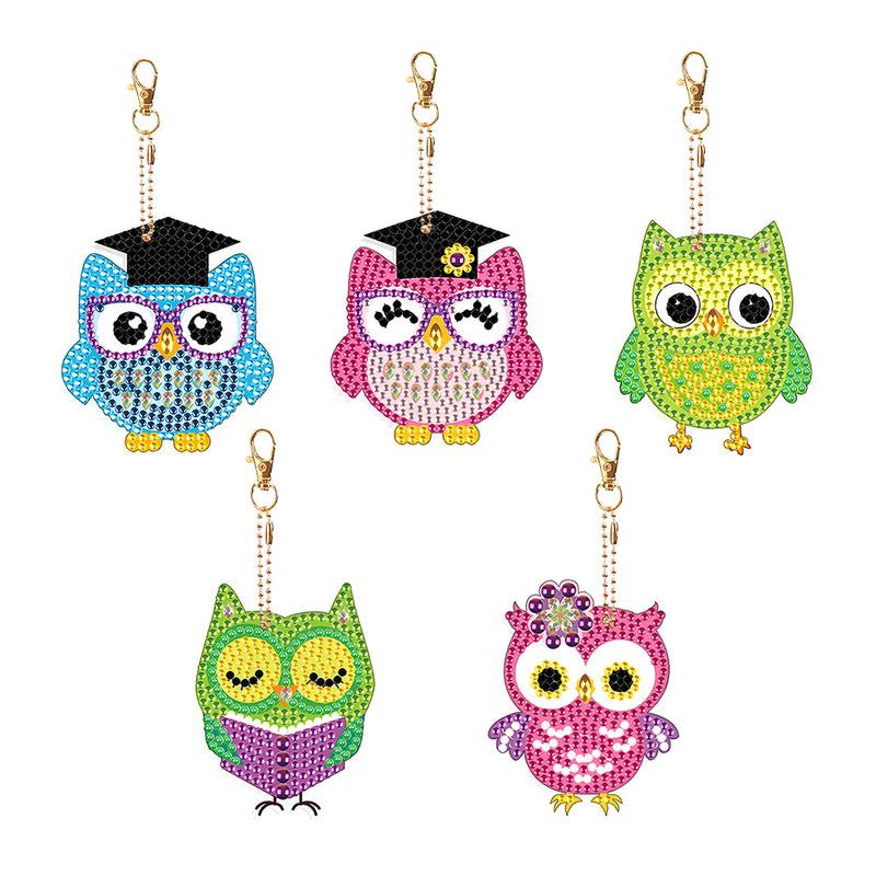 5Pcs Colorful Cute Owls Acrylic Double Side Keychain Diamond Painting