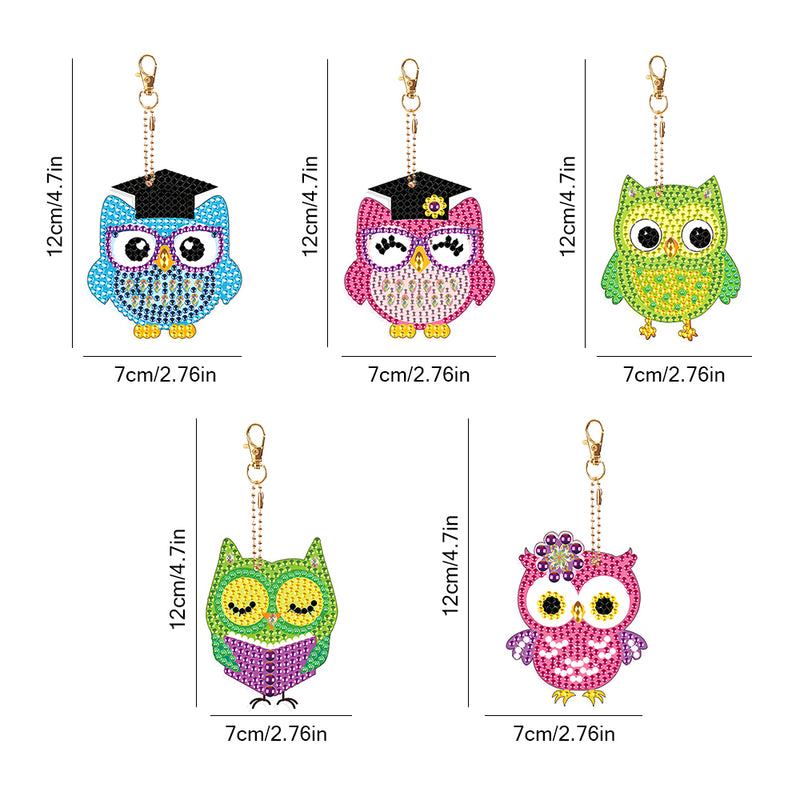 5Pcs Colorful Cute Owls Acrylic Double Side Keychain Diamond Painting