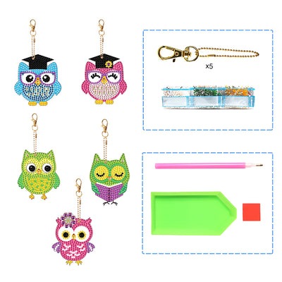 5Pcs Colorful Cute Owls Acrylic Double Side Keychain Diamond Painting