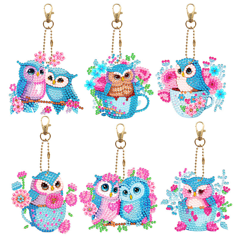 6Pcs Sweet Owl Couple Acrylic Double Side Keychain Diamond Painting