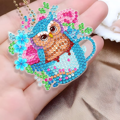 6Pcs Sweet Owl Couple Acrylic Double Side Keychain Diamond Painting