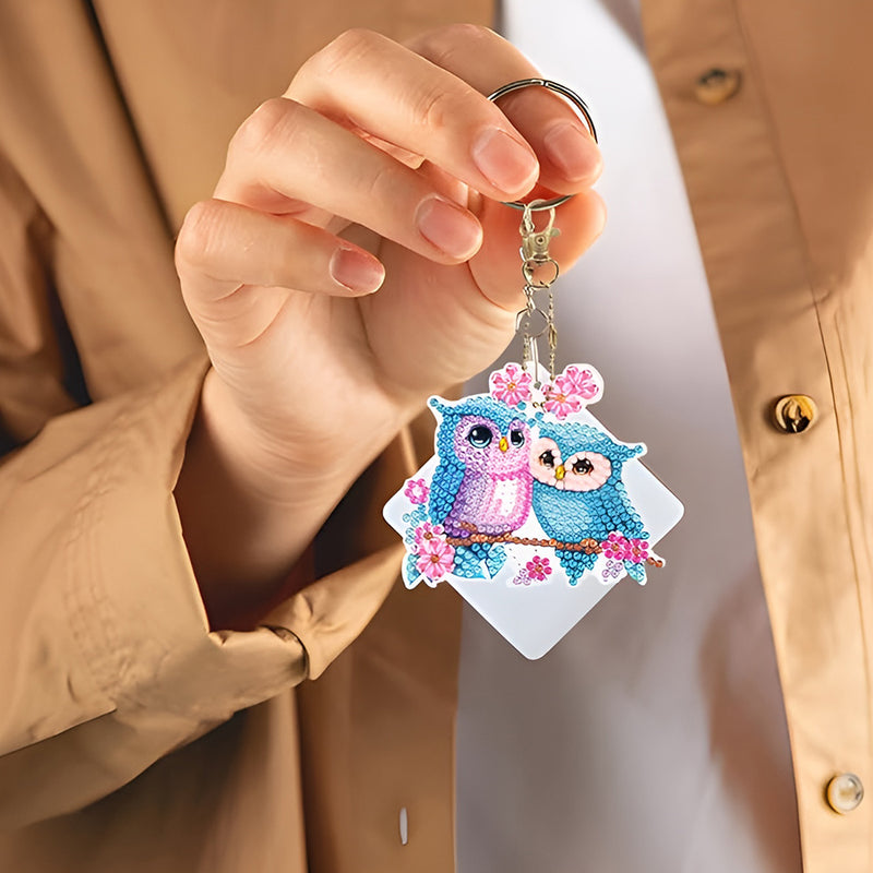 6Pcs Sweet Owl Couple Acrylic Double Side Keychain Diamond Painting