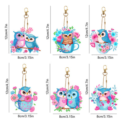 6Pcs Sweet Owl Couple Acrylic Double Side Keychain Diamond Painting