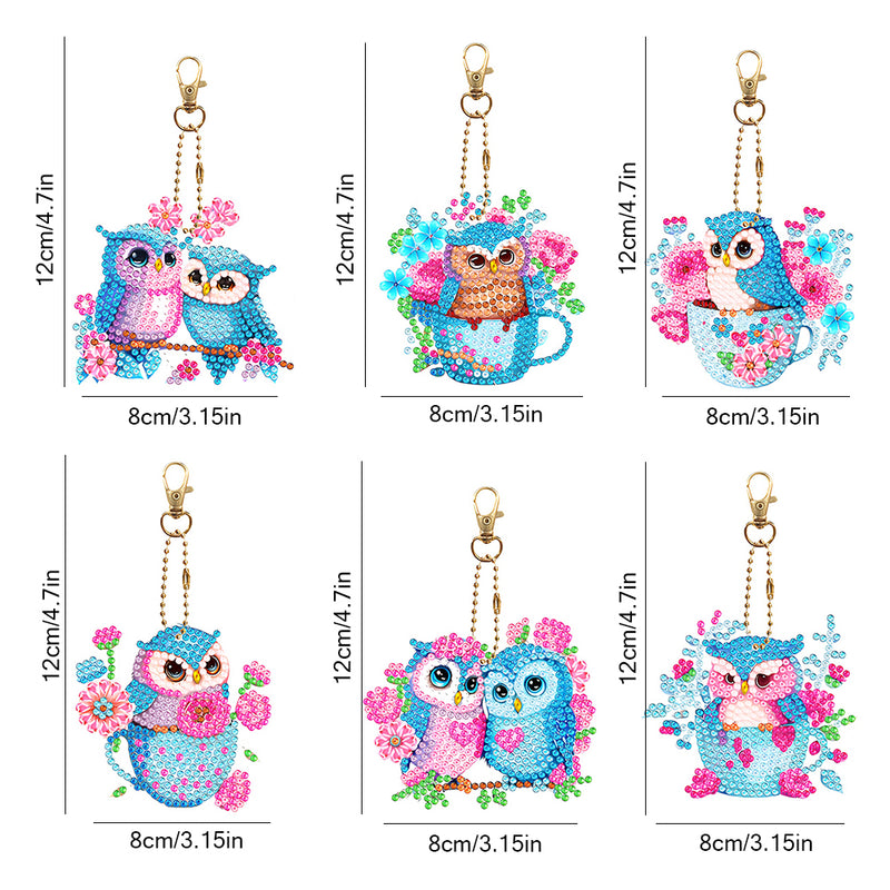 6Pcs Sweet Owl Couple Acrylic Double Side Keychain Diamond Painting