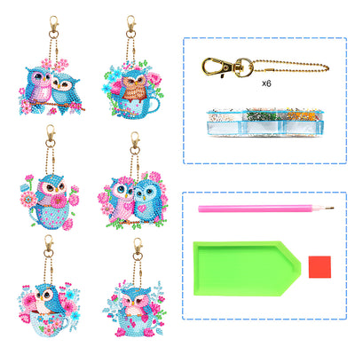 6Pcs Sweet Owl Couple Acrylic Double Side Keychain Diamond Painting