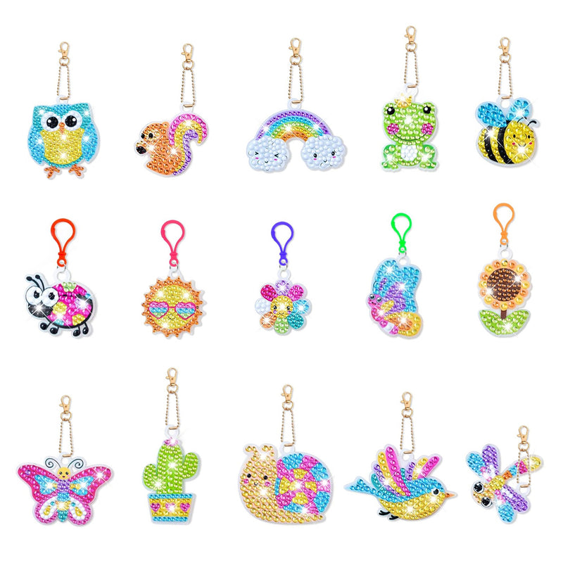 15Pcs The World of Insects and Flowers Acrylic Double Side Keychain Diamond Painting