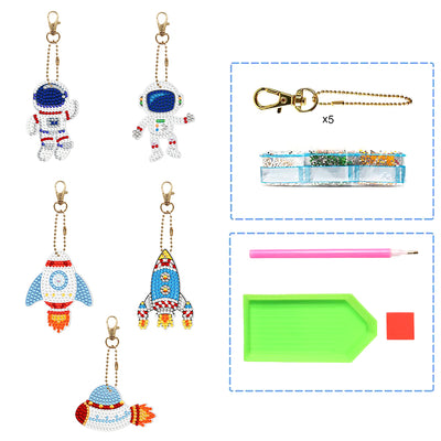 5Pcs Astronaut and Space Rocket Acrylic Double Side Keychain Diamond Painting