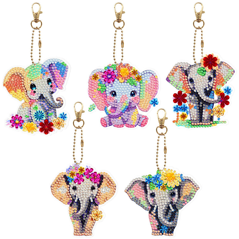 5Pcs Colorful Flower Elephant Acrylic Double Side Keychain Diamond Painting