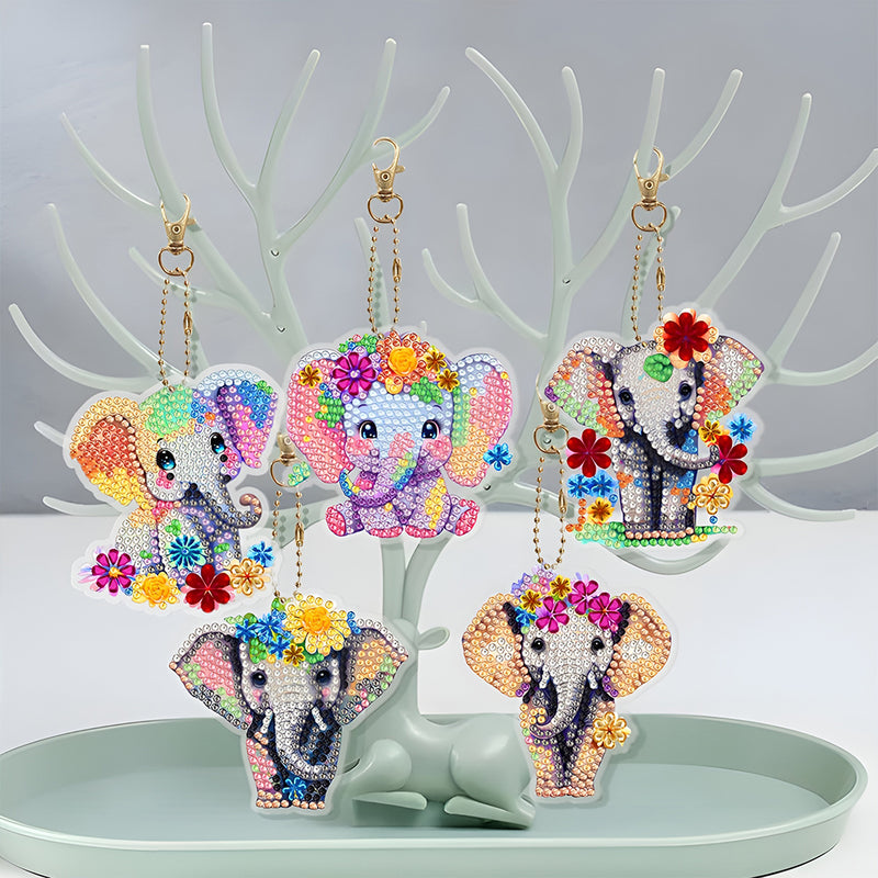 5Pcs Colorful Flower Elephant Acrylic Double Side Keychain Diamond Painting