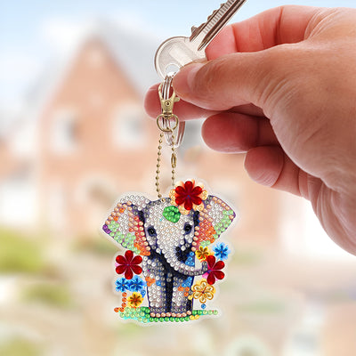 5Pcs Colorful Flower Elephant Acrylic Double Side Keychain Diamond Painting