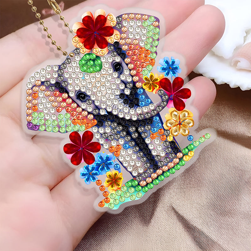 5Pcs Colorful Flower Elephant Acrylic Double Side Keychain Diamond Painting