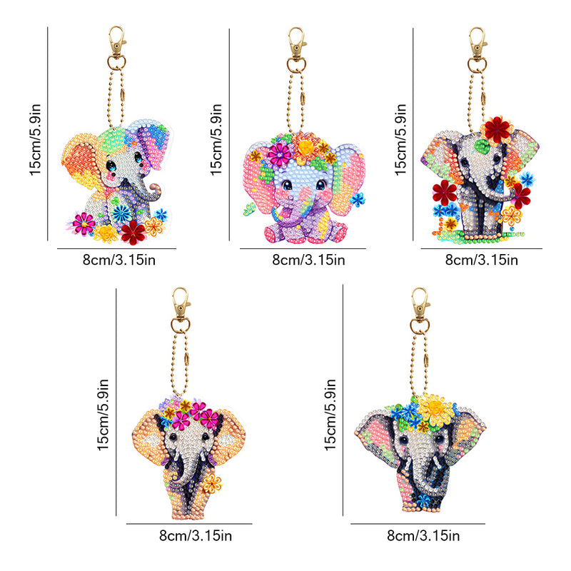 5Pcs Colorful Flower Elephant Acrylic Double Side Keychain Diamond Painting