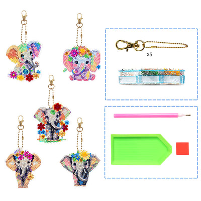 5Pcs Colorful Flower Elephant Acrylic Double Side Keychain Diamond Painting