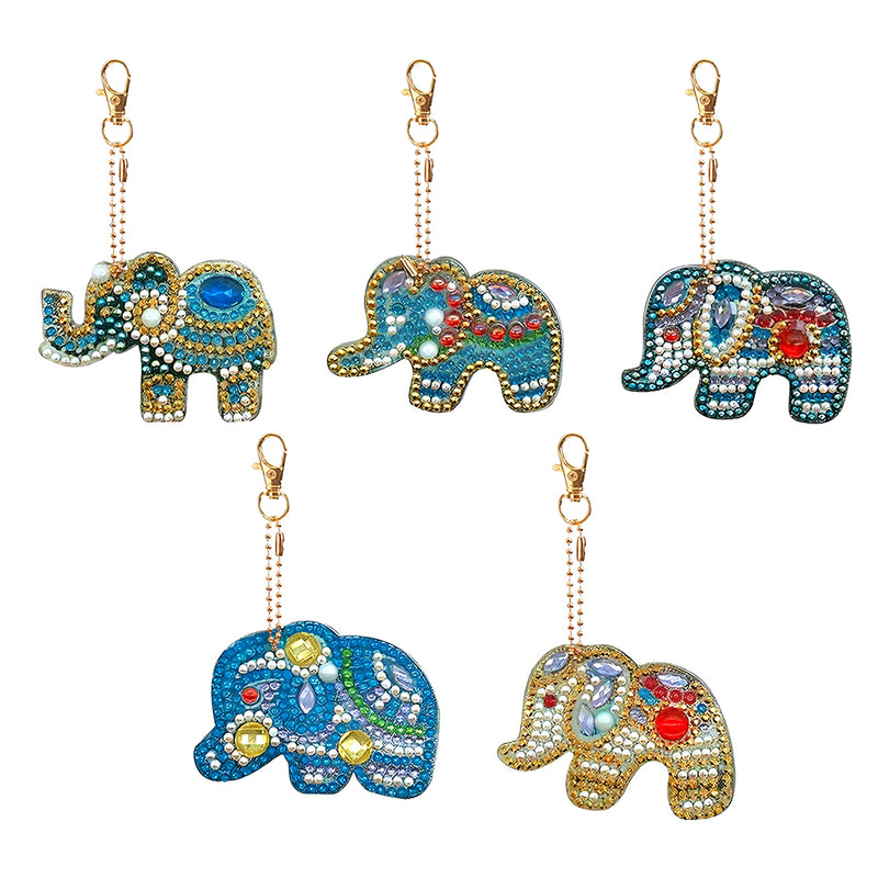 5Pcs Colorful and Gorgeous Elephant Acrylic Double Side Keychain Diamond Painting