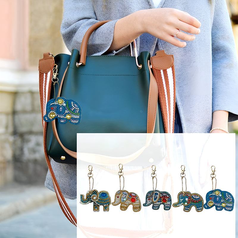 5Pcs Colorful and Gorgeous Elephant Acrylic Double Side Keychain Diamond Painting