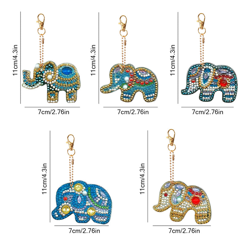 5Pcs Colorful and Gorgeous Elephant Acrylic Double Side Keychain Diamond Painting