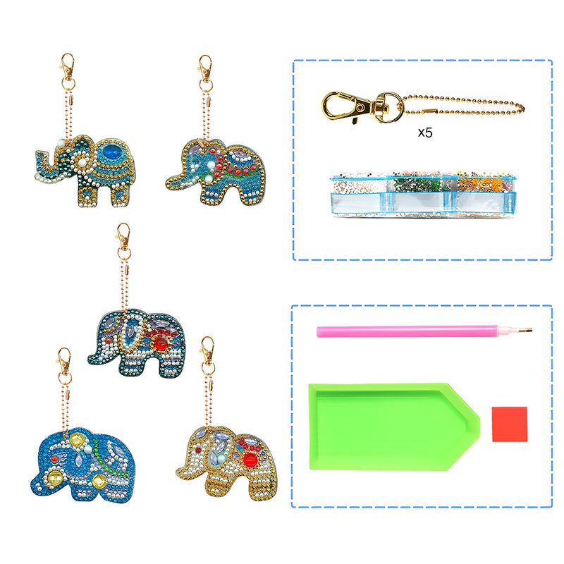 5Pcs Colorful and Gorgeous Elephant Acrylic Double Side Keychain Diamond Painting