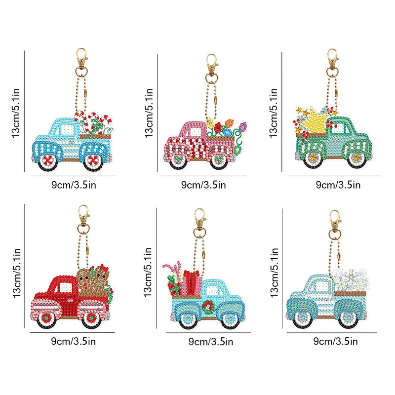 6Pcs Christmas Car Acrylic Double Side Keychain Diamond Painting