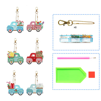 6Pcs Christmas Car Acrylic Double Side Keychain Diamond Painting