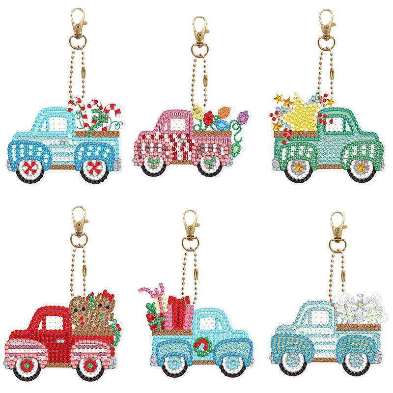 6Pcs Christmas Car Acrylic Double Side Keychain Diamond Painting