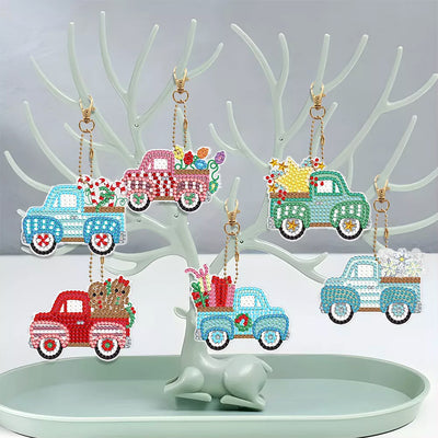 6Pcs Christmas Car Acrylic Double Side Keychain Diamond Painting