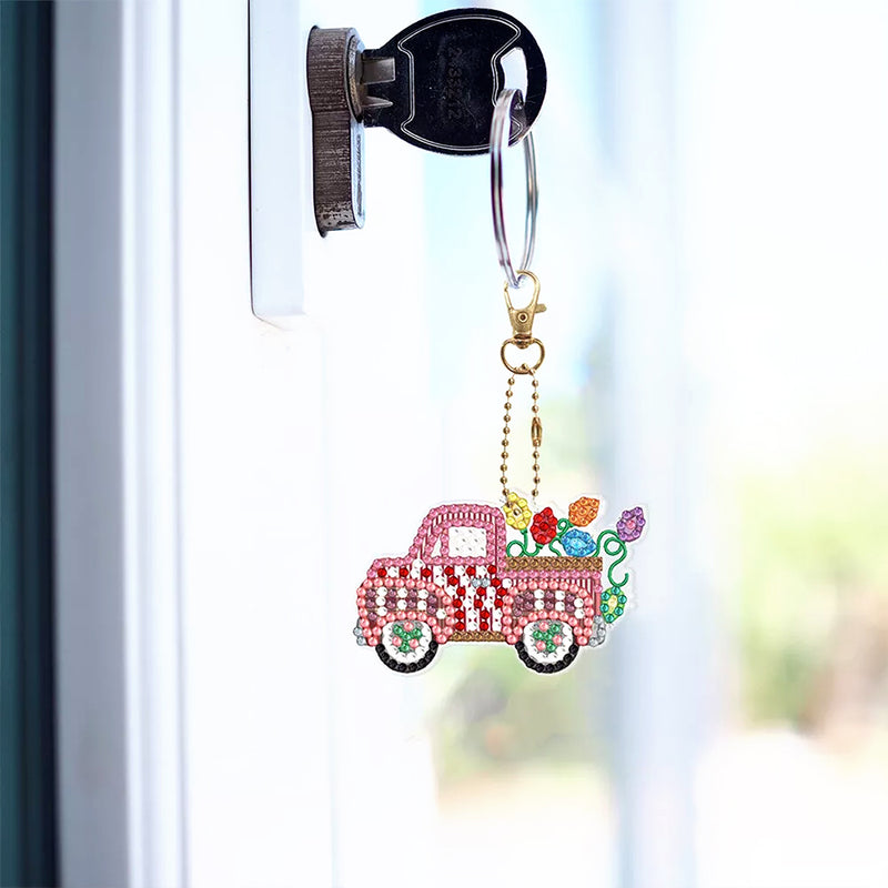 6Pcs Christmas Car Acrylic Double Side Keychain Diamond Painting