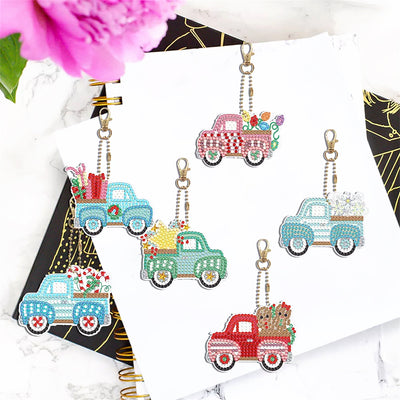 6Pcs Christmas Car Acrylic Double Side Keychain Diamond Painting