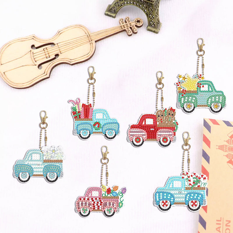 6Pcs Christmas Car Acrylic Double Side Keychain Diamond Painting